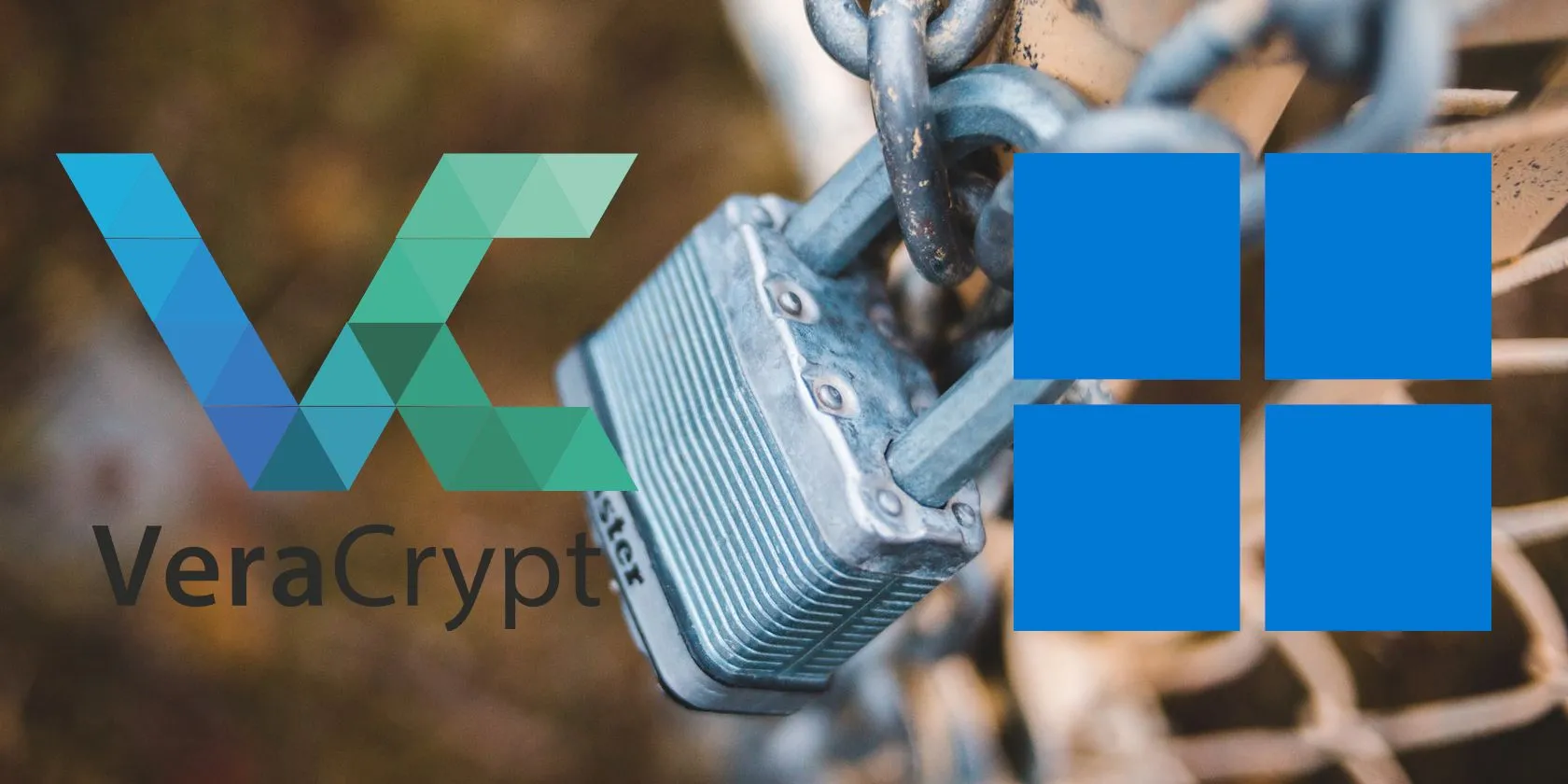 Logo VeraCrypt và Microsoft Windows trên hình ảnh ổ khóa và dây xích
