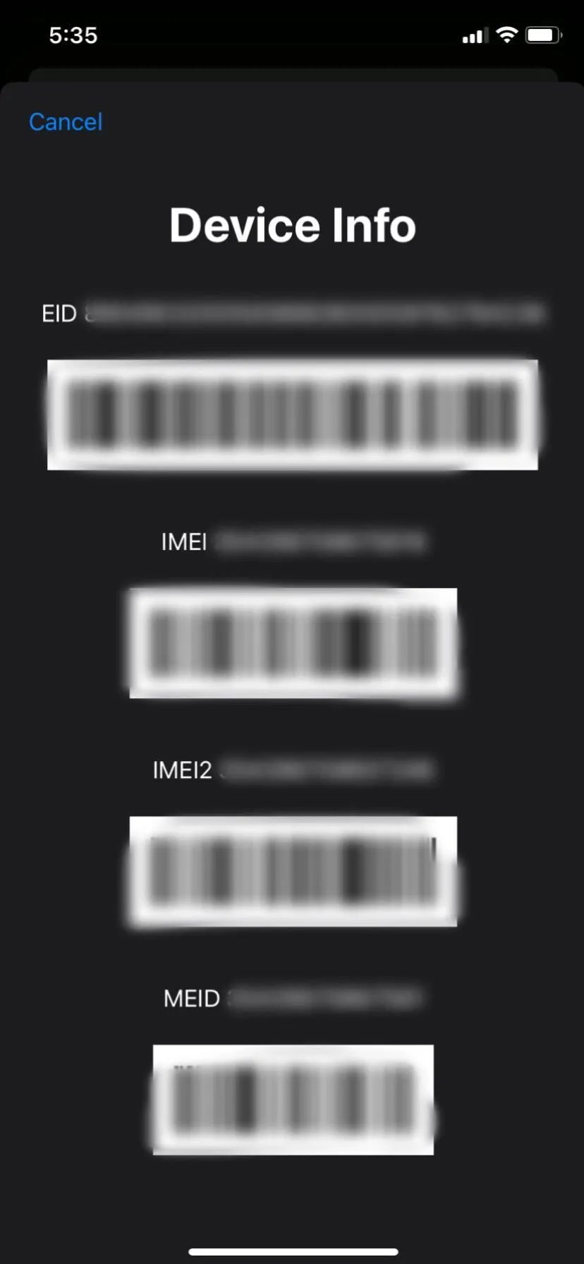 Mã IMEI 15 chữ số được hiển thị trên màn hình iPhone sau khi người dùng nhập mã *#06#