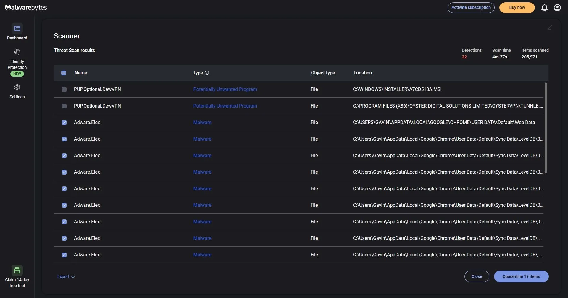 Malwarebytes quét hệ thống phát hiện Adware.Elex và file nghi vấn