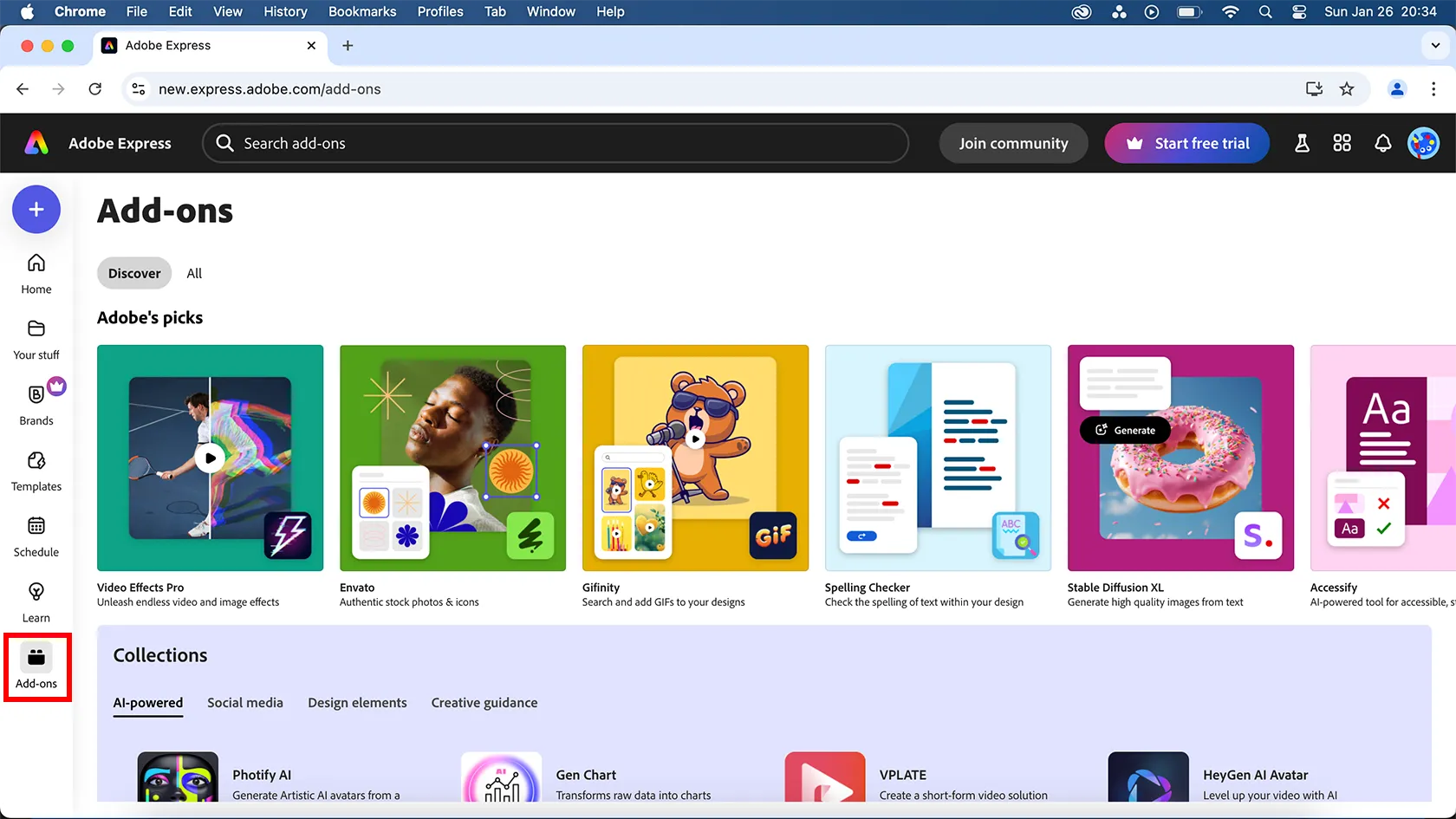 Màn hình Adobe Express trên trình duyệt desktop, nổi bật với thanh menu bên trái chứa tùy chọn 'Add-Ons', minh họa rõ ràng vị trí và sự hiện diện của tính năng này.