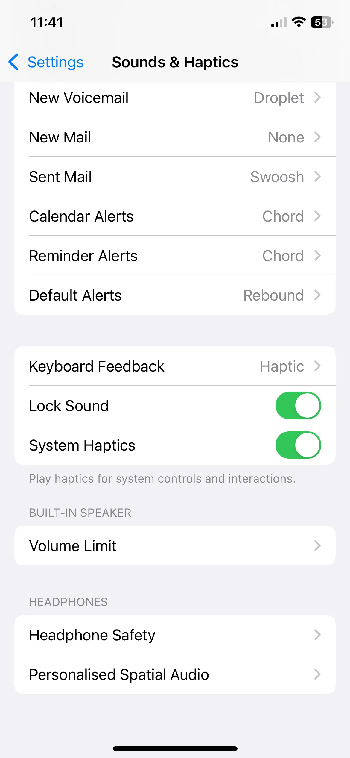 Màn hình cài đặt Âm thanh &amp; Cảm ứng trên iPhone để tắt rung hệ thống.