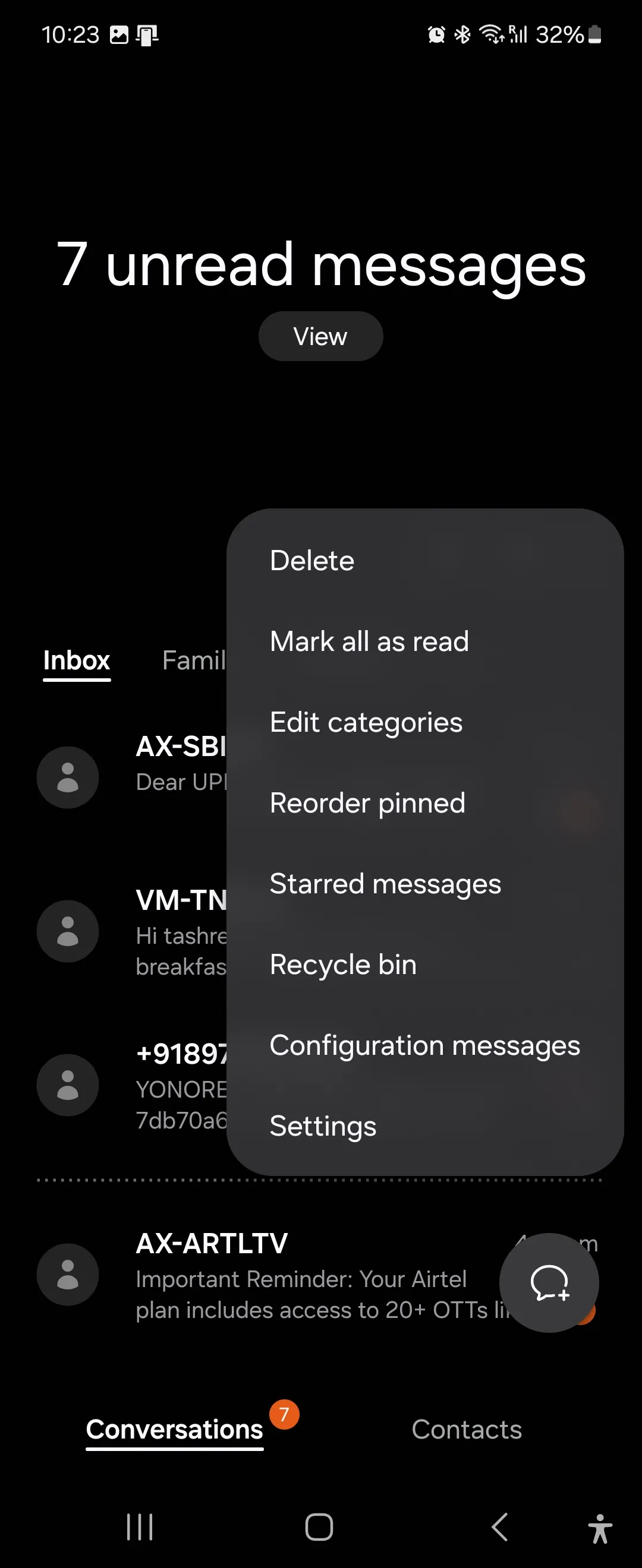 Màn hình cài đặt bổ sung của ứng dụng Tin nhắn Samsung với các tùy chọn quản lý.