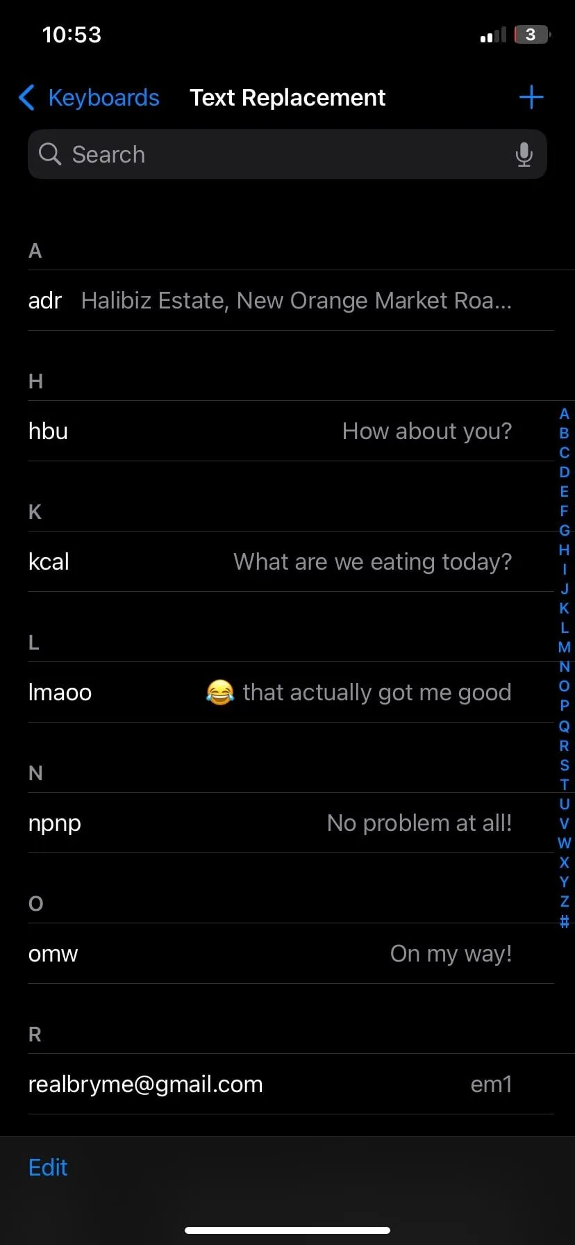 Màn hình cài đặt các phím tắt thay thế văn bản (Text Replacement Shortcuts) trên iPhone