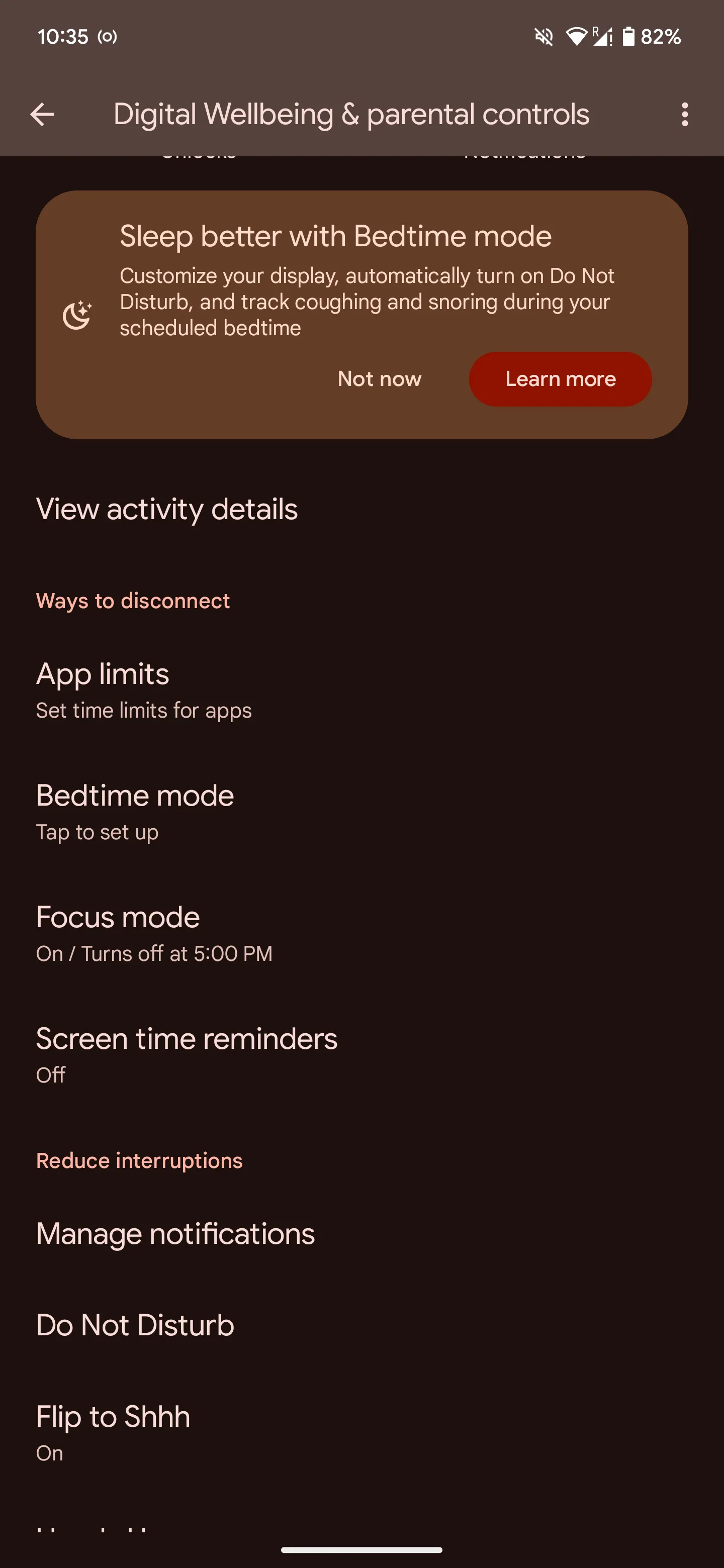 Màn hình cài đặt Chế độ Giờ đi ngủ (Bedtime Mode) trên thiết bị Android.