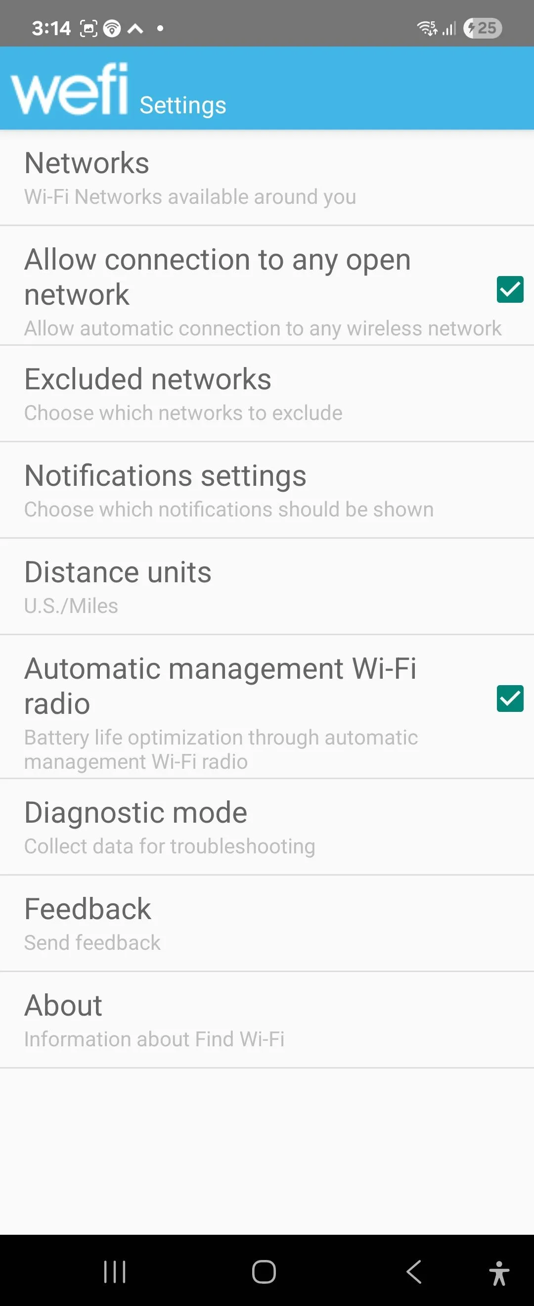 Màn hình cài đặt của ứng dụng WeFi trên Android, với các tùy chọn quản lý kết nối Wi-Fi và tối ưu pin.