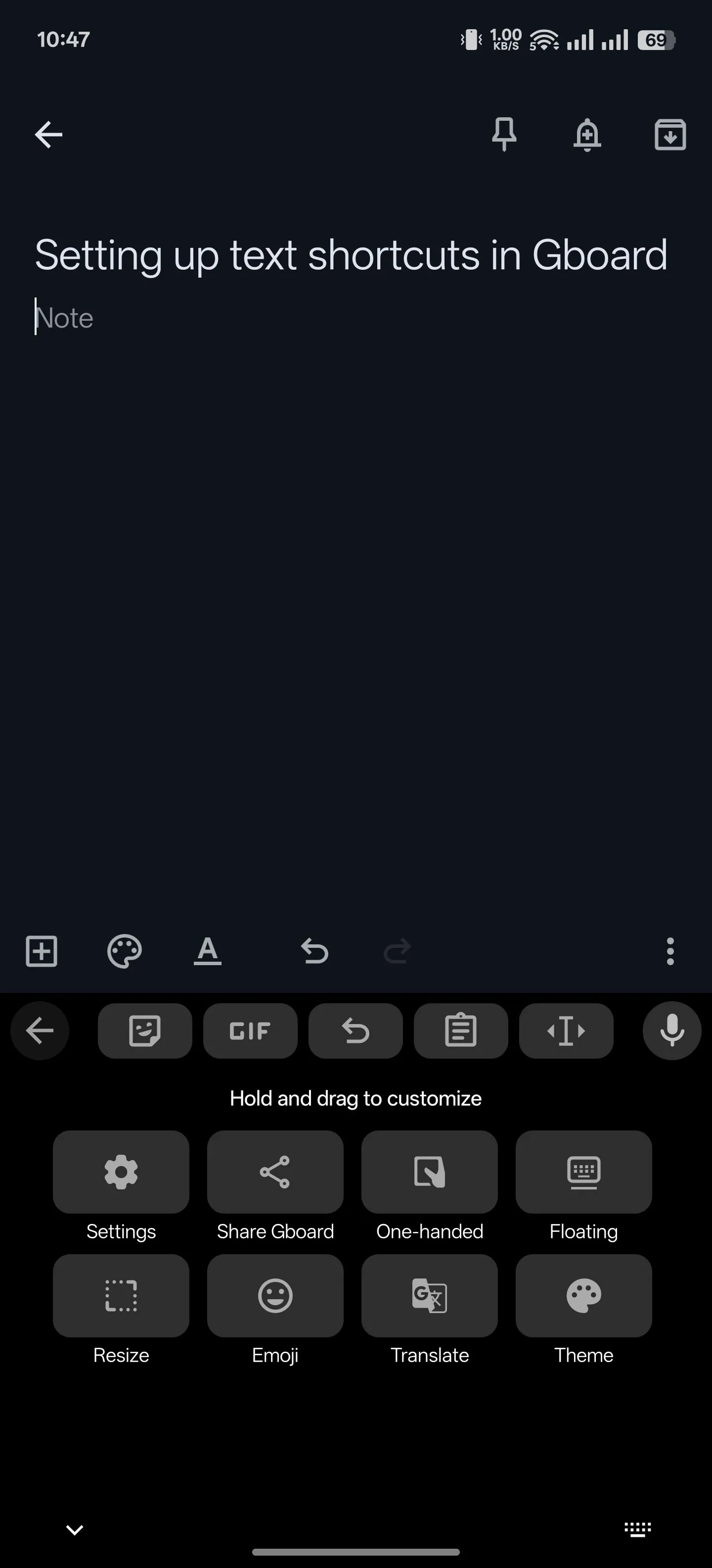 Màn hình cài đặt Gboard trên điện thoại Android, chuẩn bị thiết lập phím tắt cá nhân.
