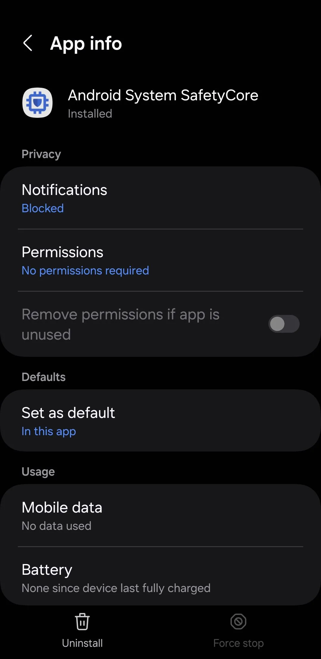Màn hình cài đặt hiển thị tùy chọn gỡ bỏ ứng dụng Android System SafetyCore