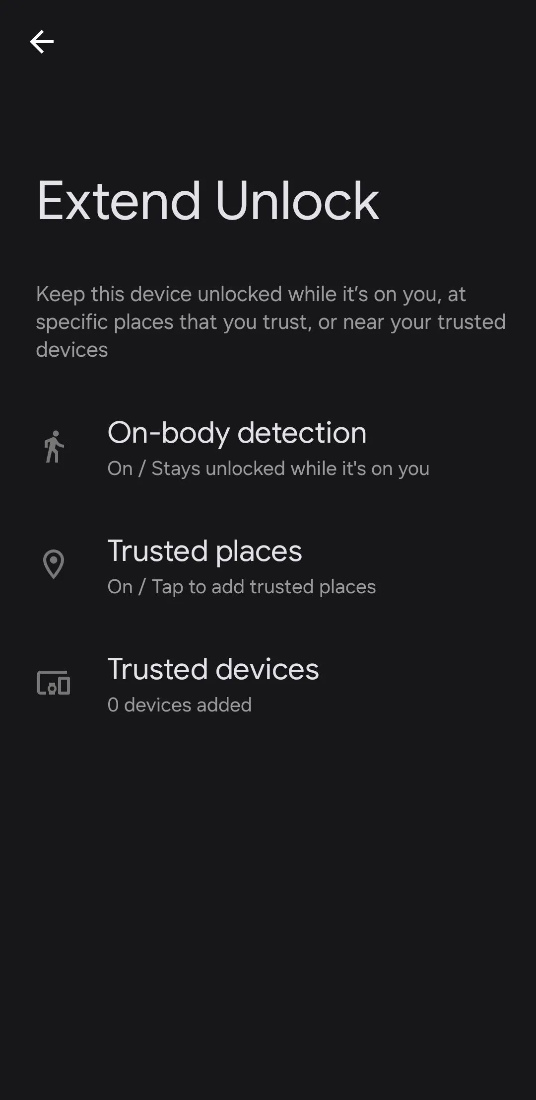 Màn hình cài đặt Mở khóa mở rộng (Extend Unlock) trên điện thoại Android, nơi người dùng có thể thiết lập các điều kiện tin cậy để giữ thiết bị mở khóa, giúp tối ưu bảo mật và tiện lợi.