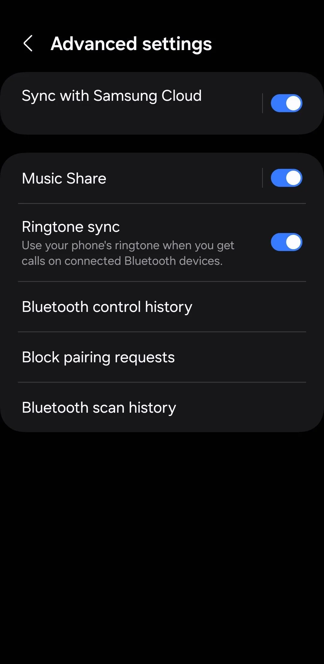 Màn hình &quot;Cài đặt nâng cao&quot; trong Bluetooth trên điện thoại Samsung, hiển thị tính năng &quot;Music Share&quot;.
