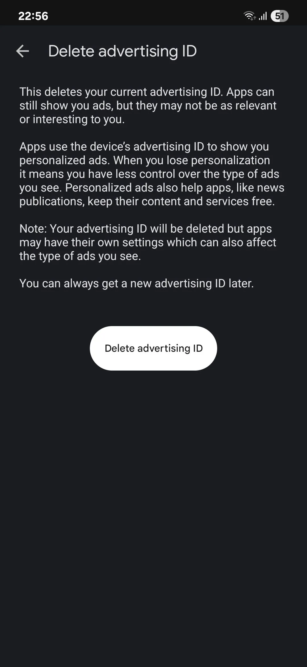 Màn hình cài đặt Quảng cáo Google, với các tùy chọn xóa hoặc đặt lại ID quảng cáo.