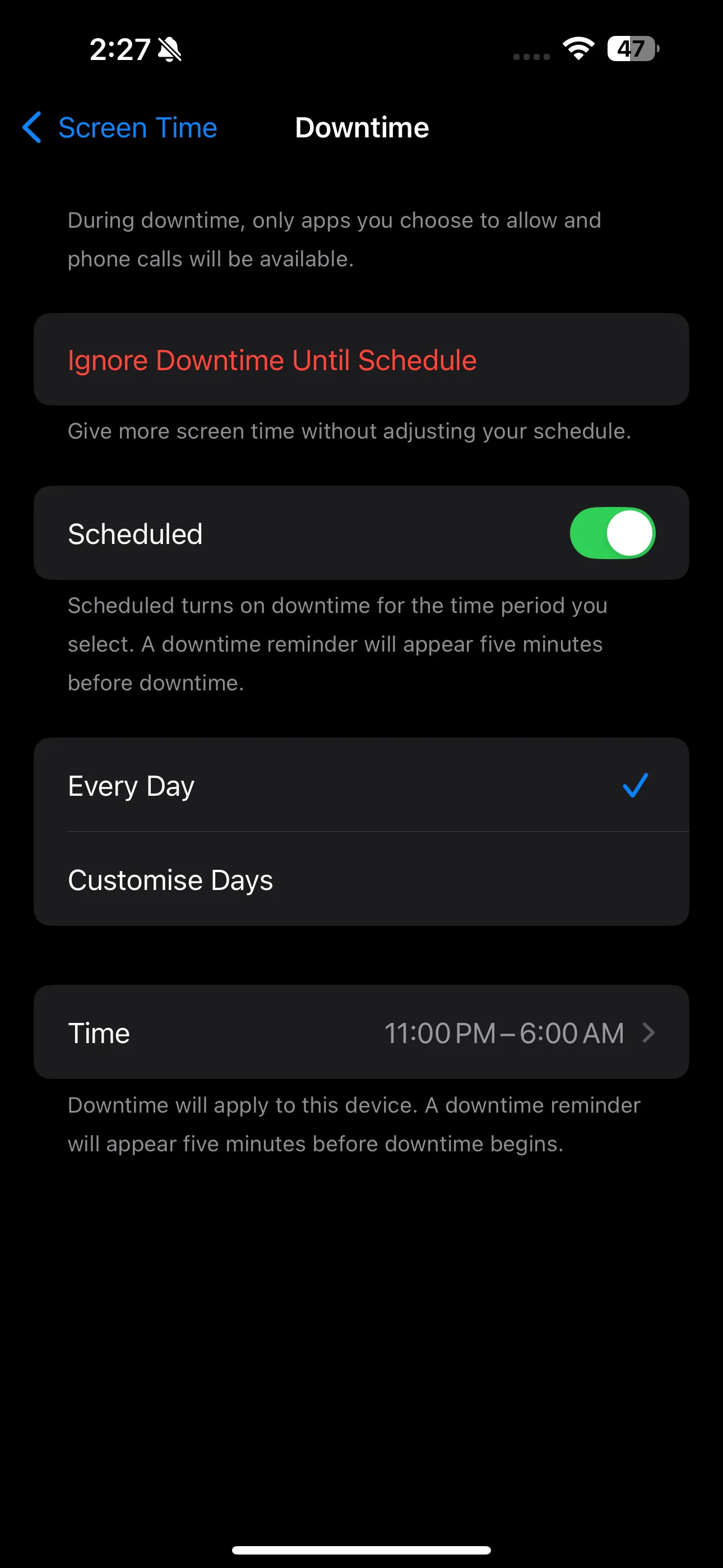 Màn hình cài đặt Thời gian nghỉ (Downtime) trong ứng dụng Cài đặt của iPhone