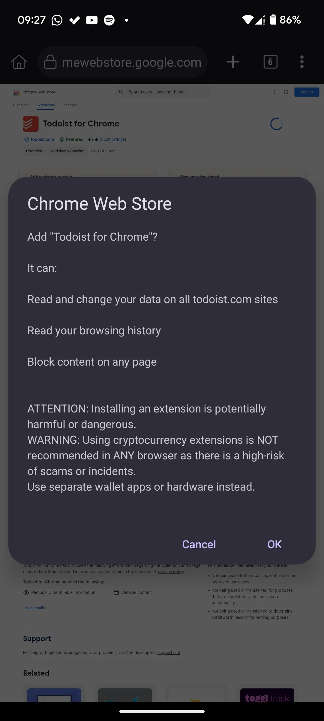 Màn hình cài đặt tiện ích Todoist trong trình duyệt Kiwi, với nút 'Add to Chrome' để thêm tiện ích.