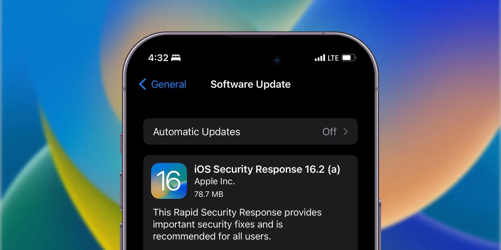 Màn hình cài đặt tính năng Rapid Security Response trên iPhone