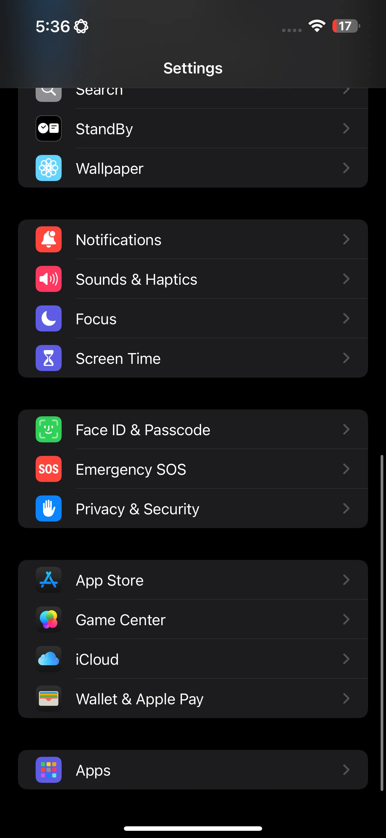 Màn hình cài đặt trên iPhone