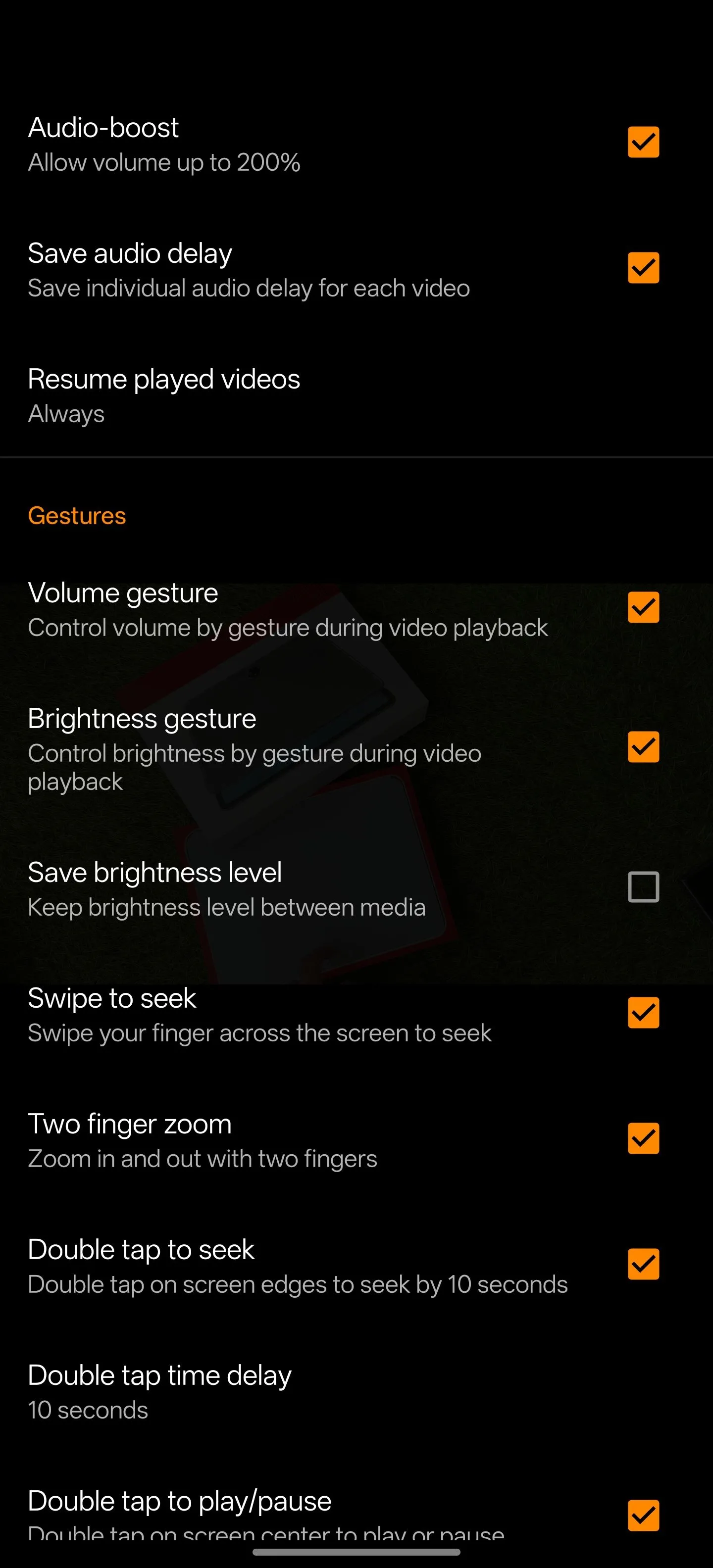 Màn hình cài đặt tùy chỉnh nâng cao của ứng dụng VLC trên Android