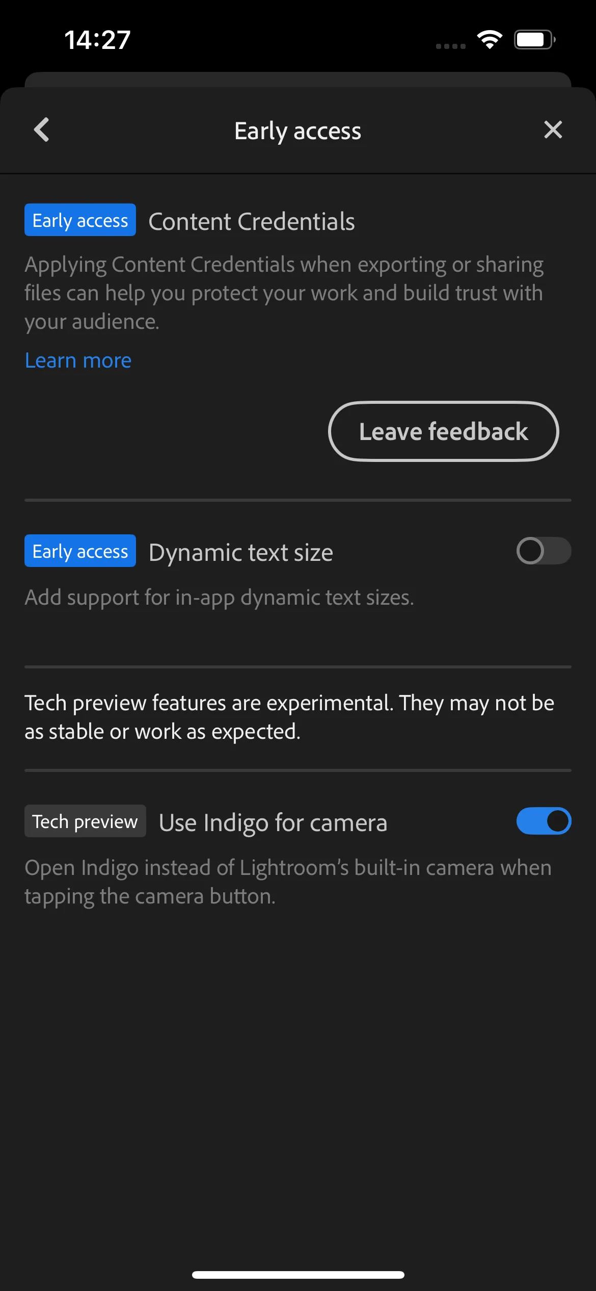 Màn hình cài đặt ứng dụng Lightroom Mobile hiển thị tùy chọn kích hoạt Project Indigo.