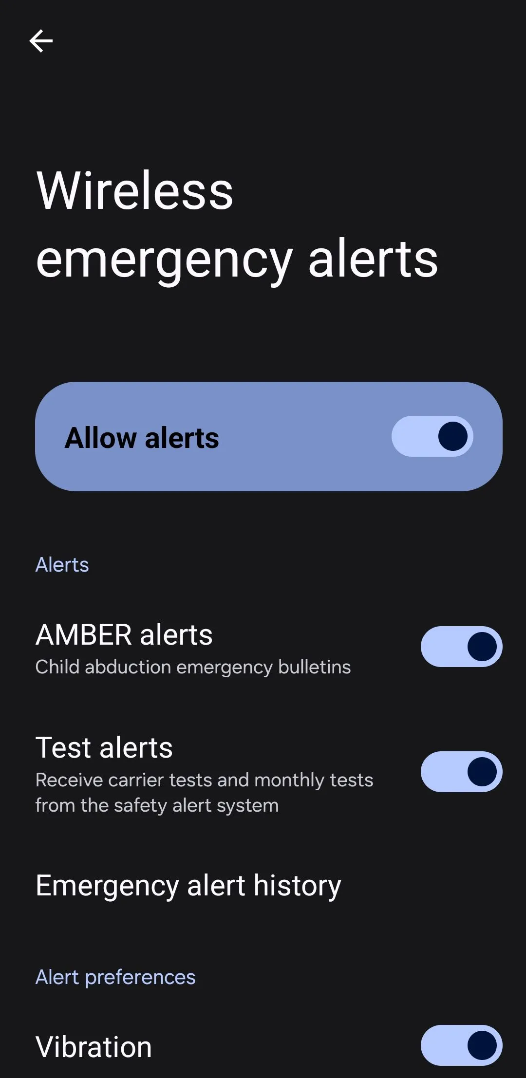 Màn hình Cảnh báo khẩn cấp không dây trên Android, hiển thị các loại cảnh báo công cộng như AMBER alerts và cảnh báo kiểm tra.