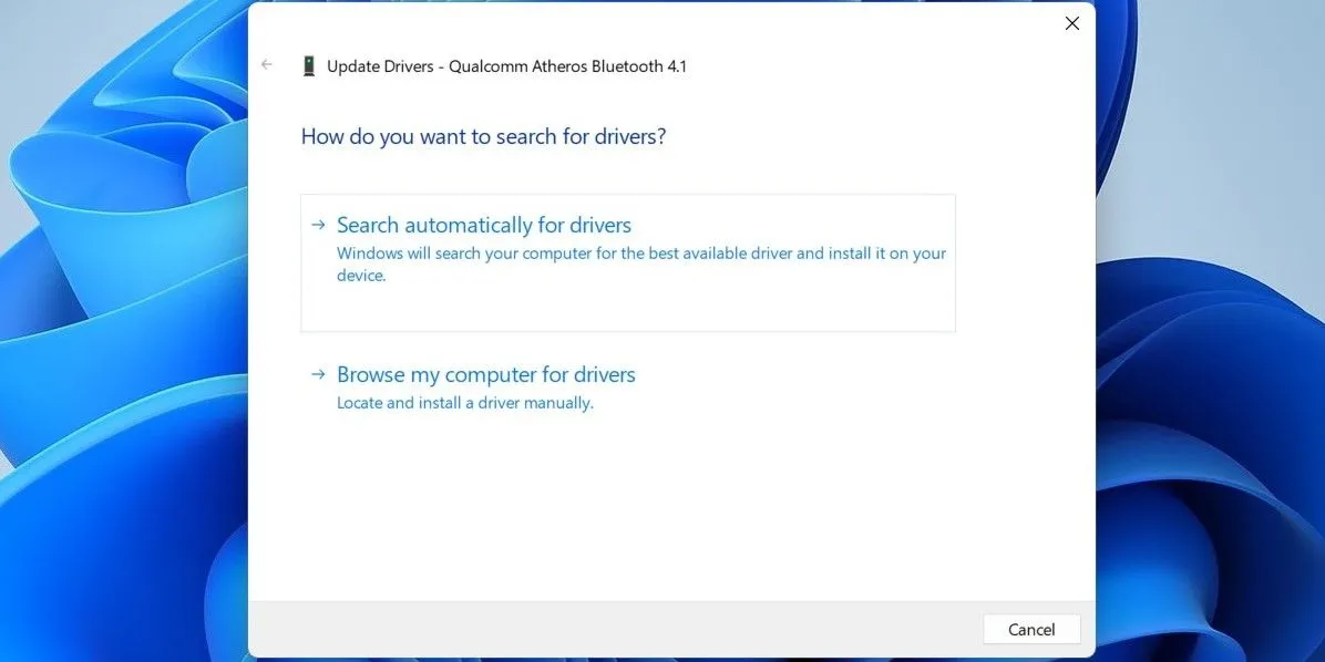 Màn hình cập nhật driver Bluetooth trong Device Manager trên Windows 11