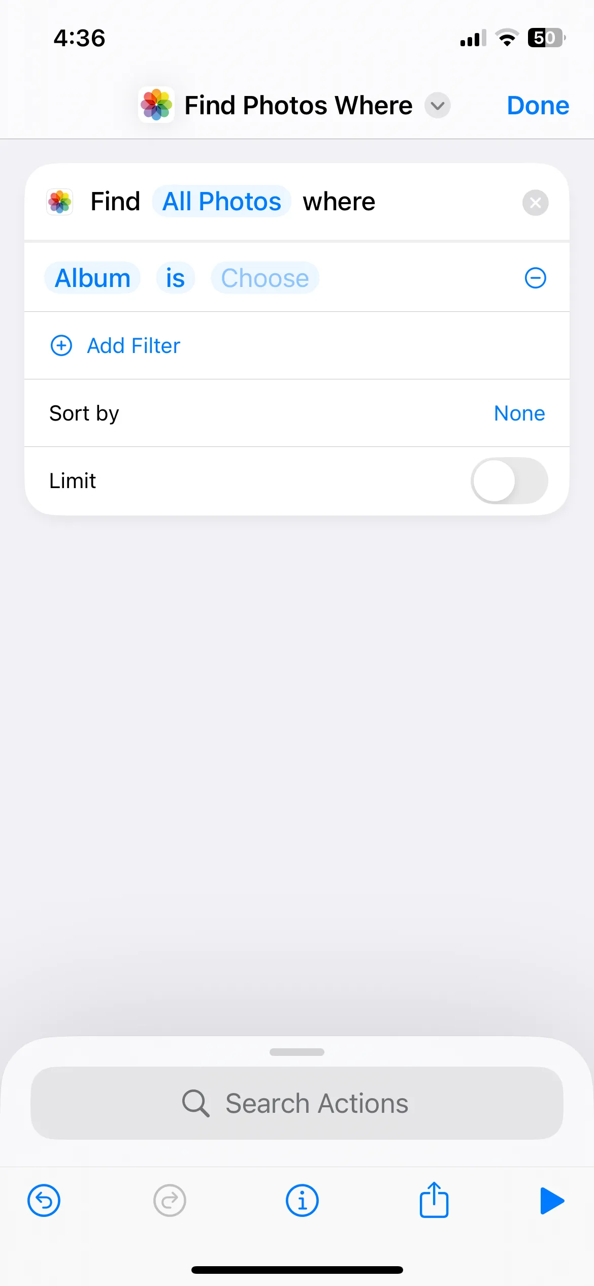 Màn hình cấu hình hành động "Tìm Ảnh" trong ứng dụng Phím tắt trên iPhone, hiển thị bộ lọc "Là ảnh chụp màn hình" được chọn.
