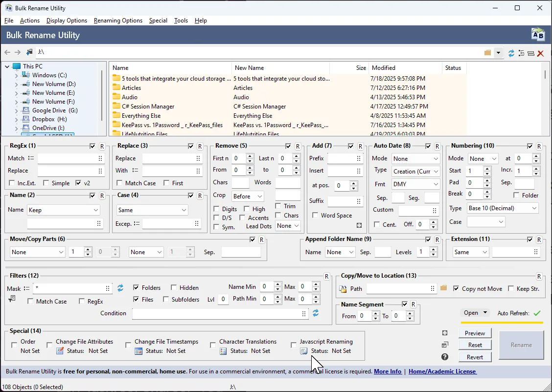 Màn hình chính của Bulk Rename Utility hiển thị các tùy chọn đổi tên file hàng loạt phức tạp cùng tính năng xem trước trực tiếp kết quả.