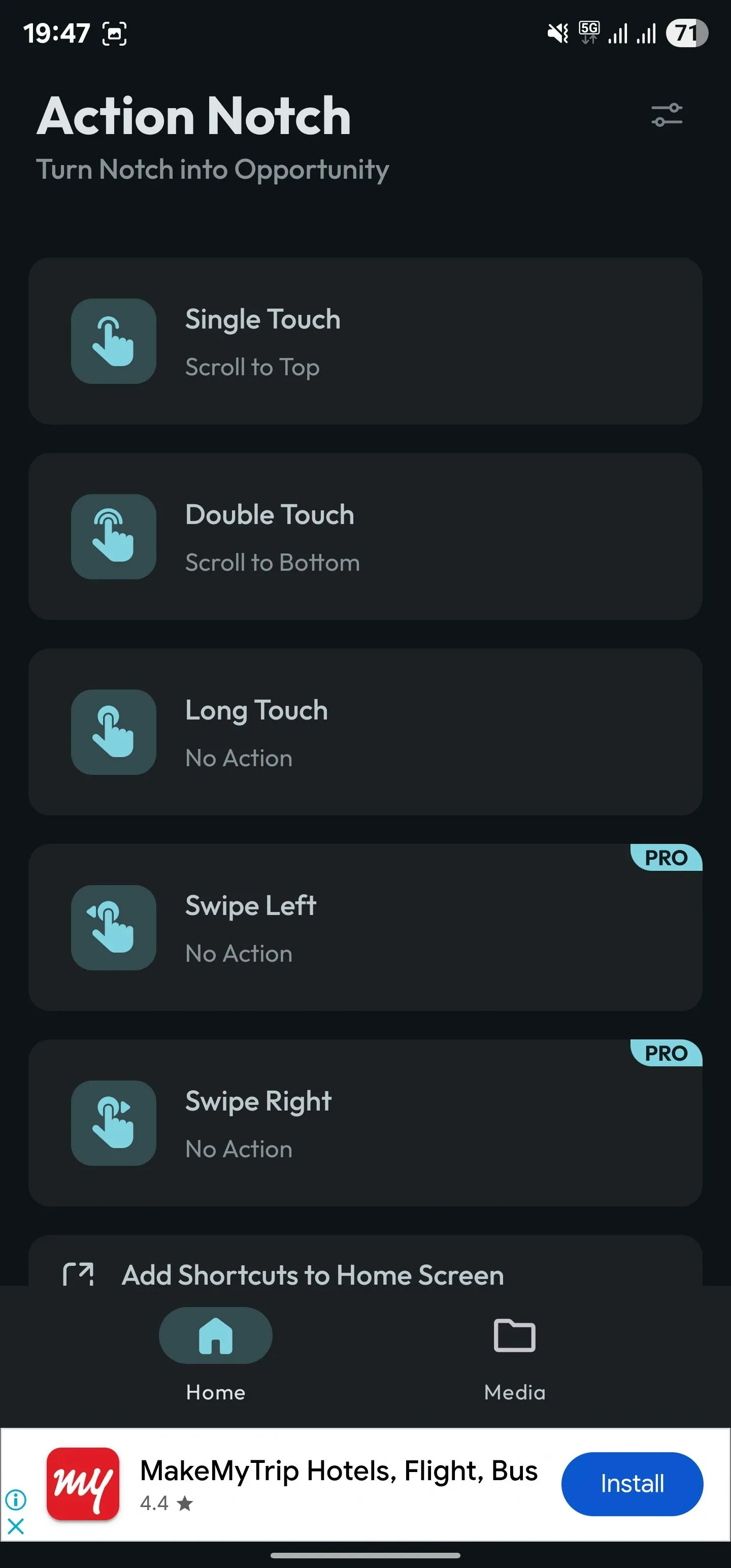 Màn hình chính của ứng dụng Action Notch.