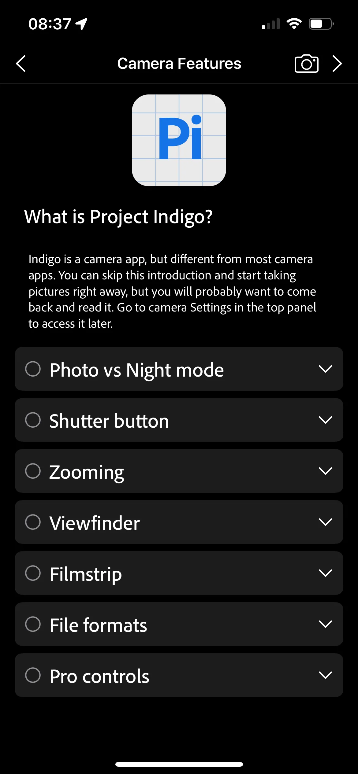 Màn hình chính của ứng dụng Adobe Project Indigo với các lựa chọn truy cập ảnh và cài đặt.