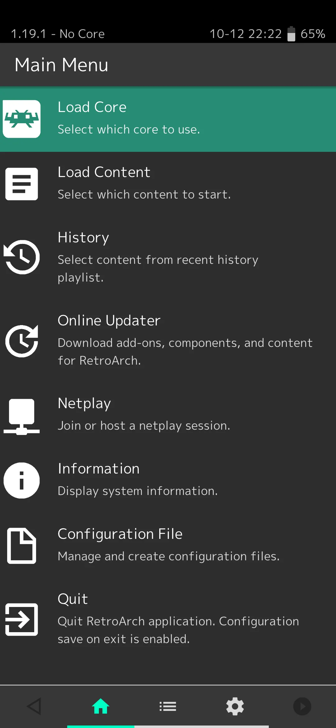 Màn hình chính của ứng dụng giả lập RetroArch trên Android