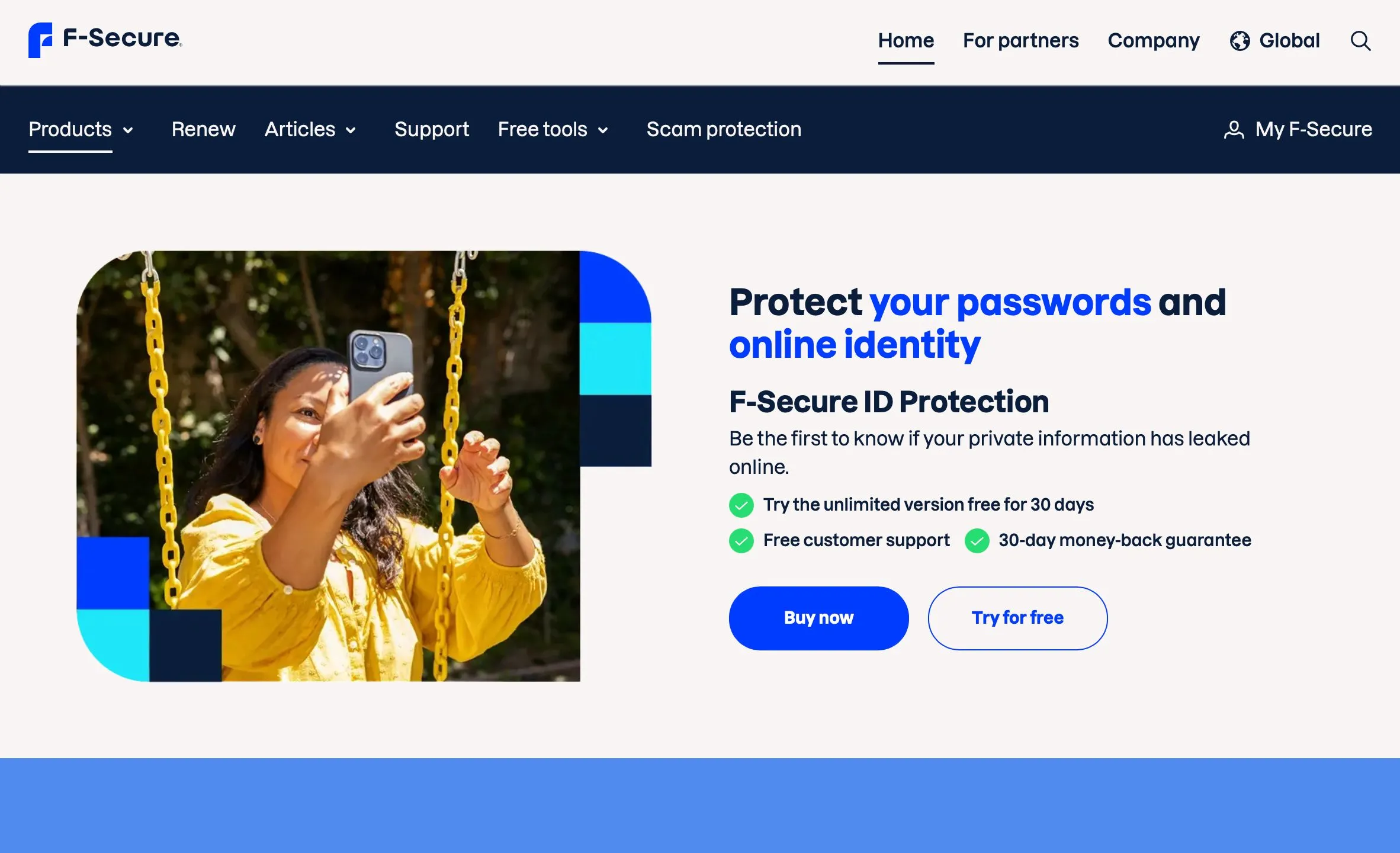 Màn hình chính dịch vụ F-Secure ID Protection hiển thị các tính năng bảo vệ danh tính