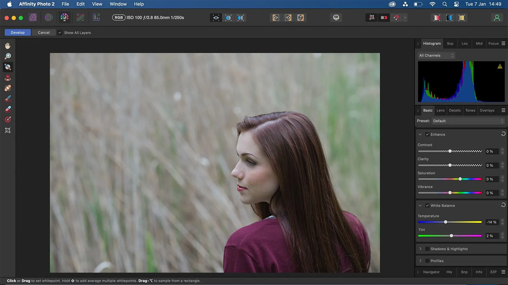 Màn hình chỉnh sửa ảnh RAW trong Develop Persona của Affinity Photo, cho phép tinh chỉnh các thông số ảnh