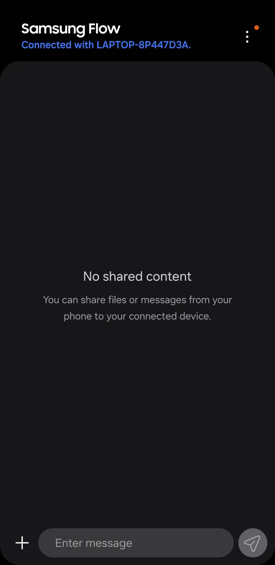 Màn hình chính ứng dụng Samsung Flow trên điện thoại Galaxy hiển thị các tùy chọn kết nối và tính năng chia sẻ.