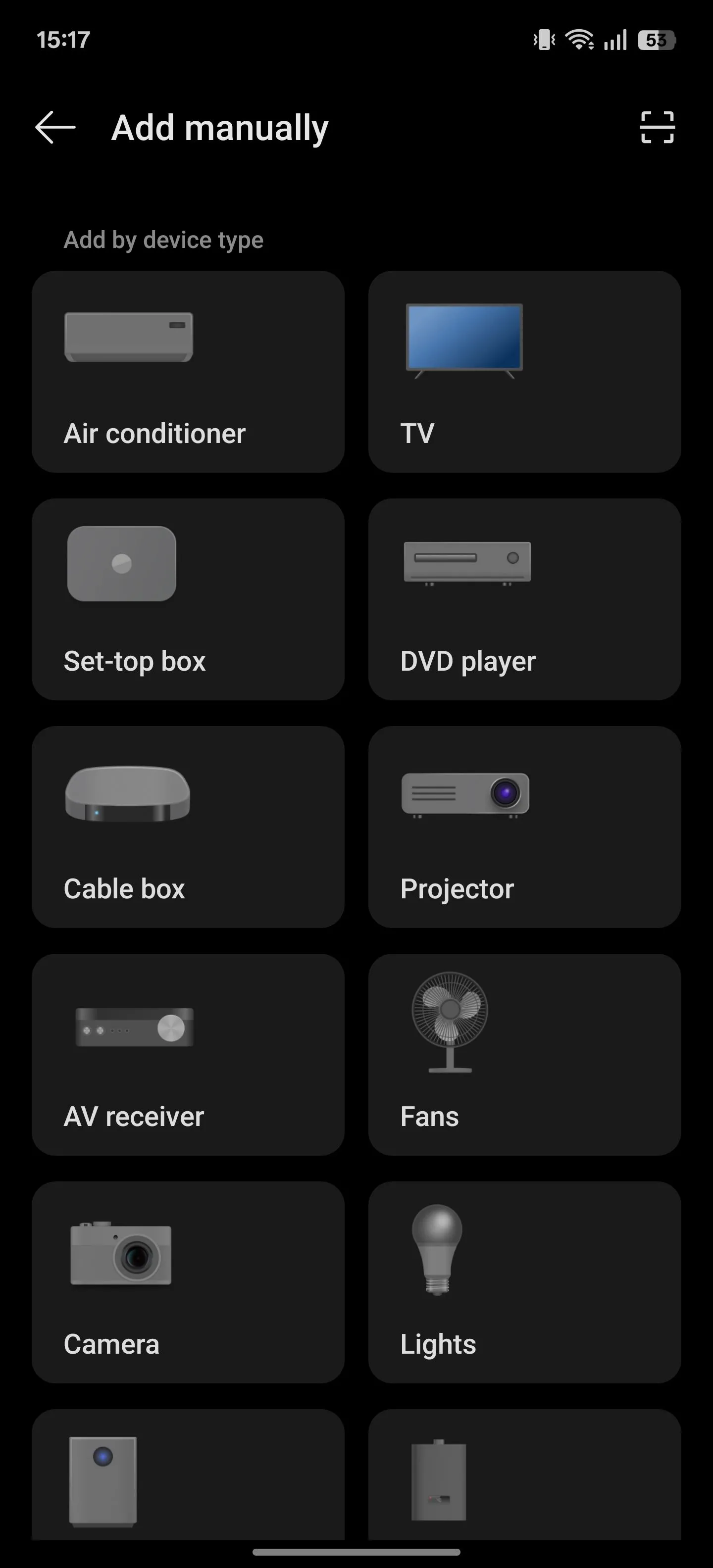 Màn hình chọn loại thiết bị trong ứng dụng điều khiển hồng ngoại (IR Remote) trên điện thoại OnePlus