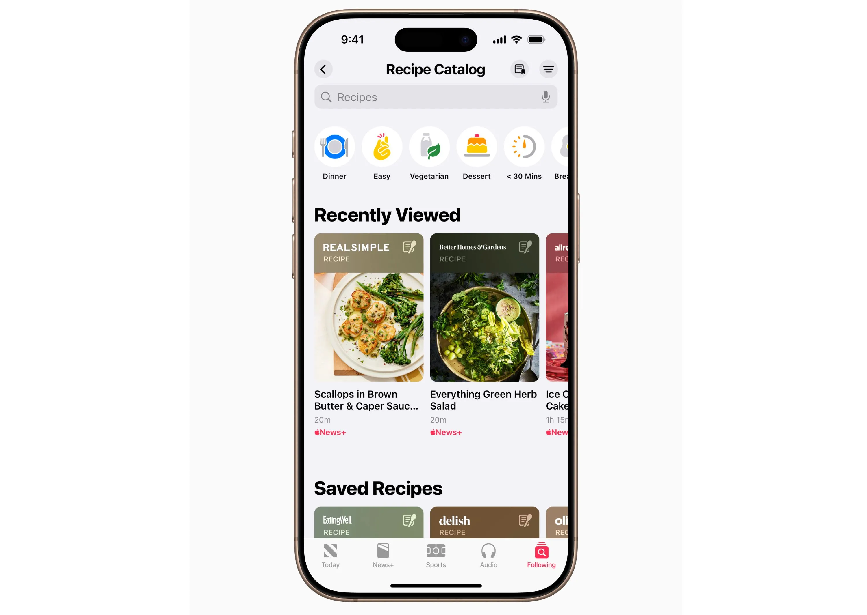 Màn hình danh mục công thức của Apple News+ Food, hiển thị các tùy chọn tìm kiếm và bộ lọc.
