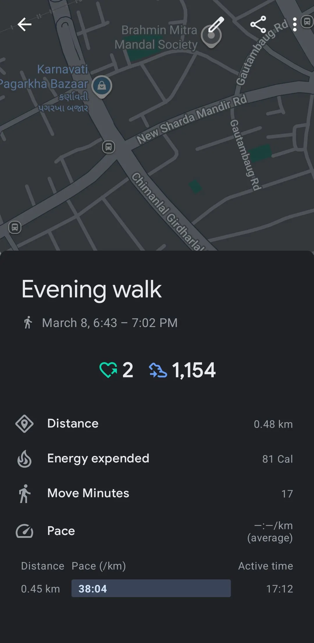 Màn hình điện thoại Android hiển thị chi tiết dữ liệu đi bộ được ghi lại bởi Google Fit, bao gồm quãng đường, tốc độ và thời gian hoạt động.