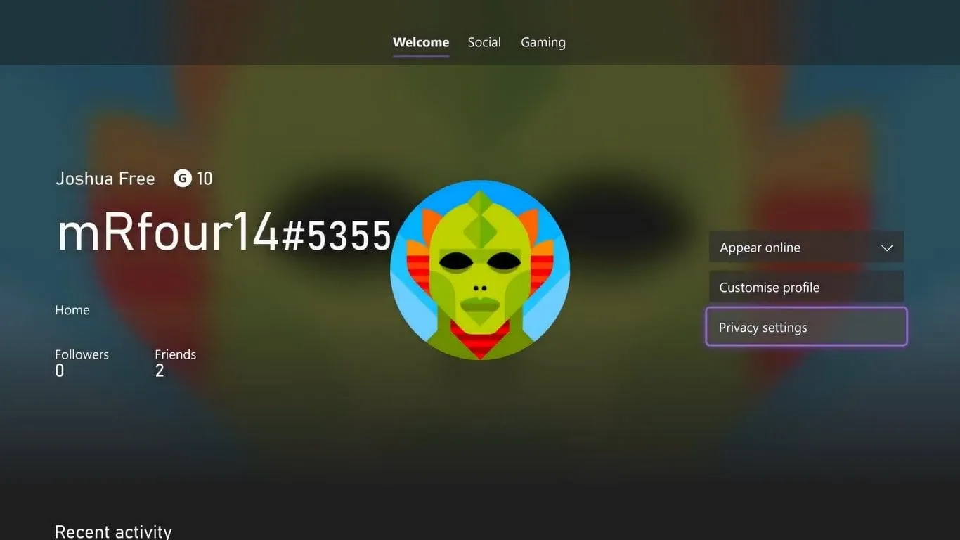 Màn hình giao diện chính của hồ sơ Xbox trên Xbox Series X, hiển thị các tùy chọn cài đặt tài khoản và quyền riêng tư cho người chơi.