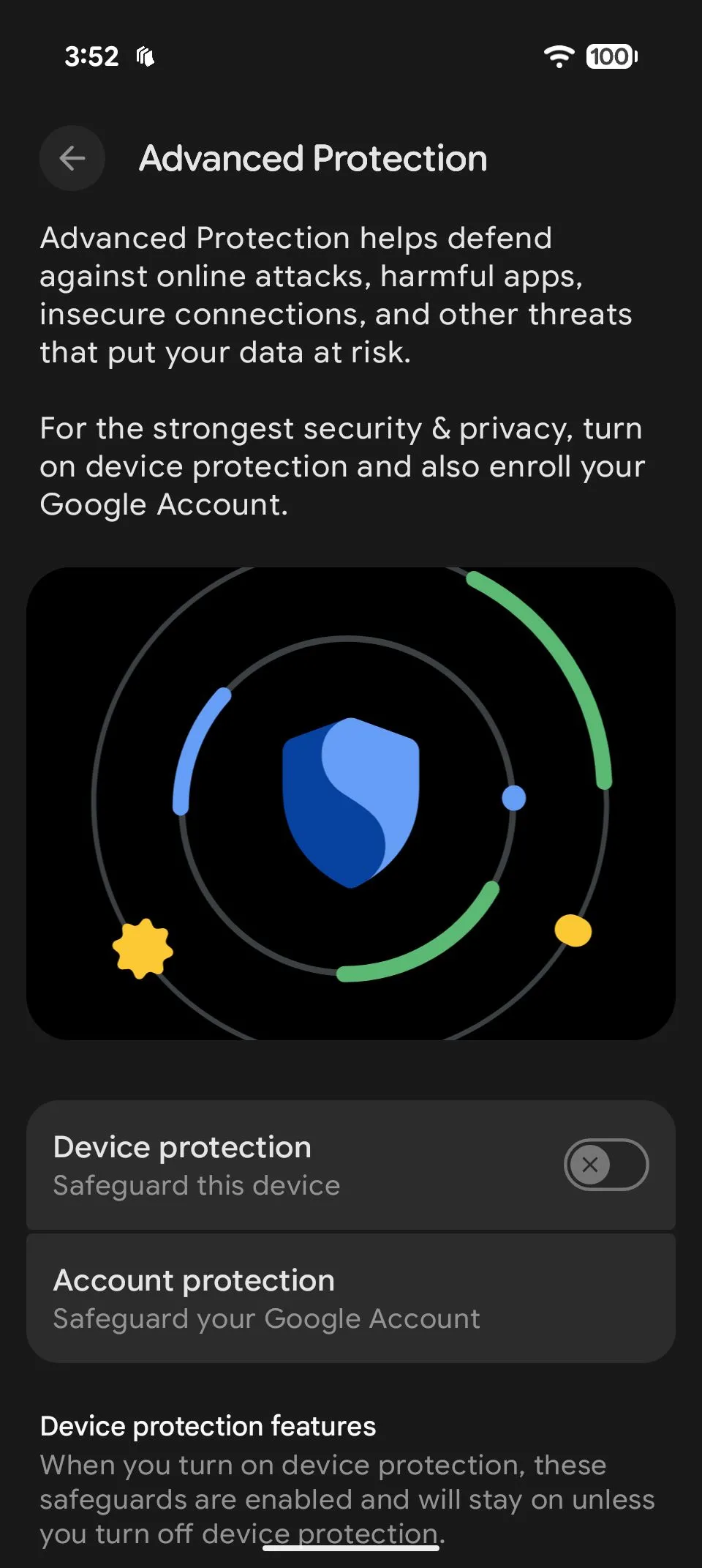 Màn hình hướng dẫn kích hoạt Chế độ Bảo Vệ Nâng Cao trên điện thoại Android 16