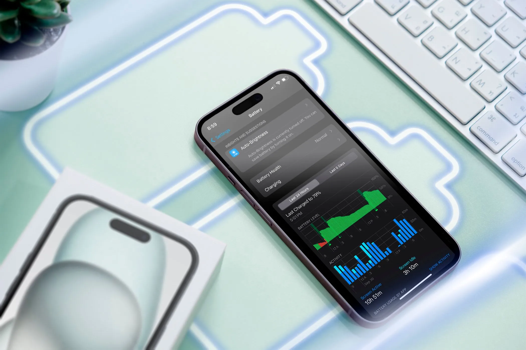 Màn hình iPhone hiển thị thông tin sử dụng pin cùng các biểu tượng trạng thái pin, minh họa mức tiêu thụ năng lượng của thiết bị.
