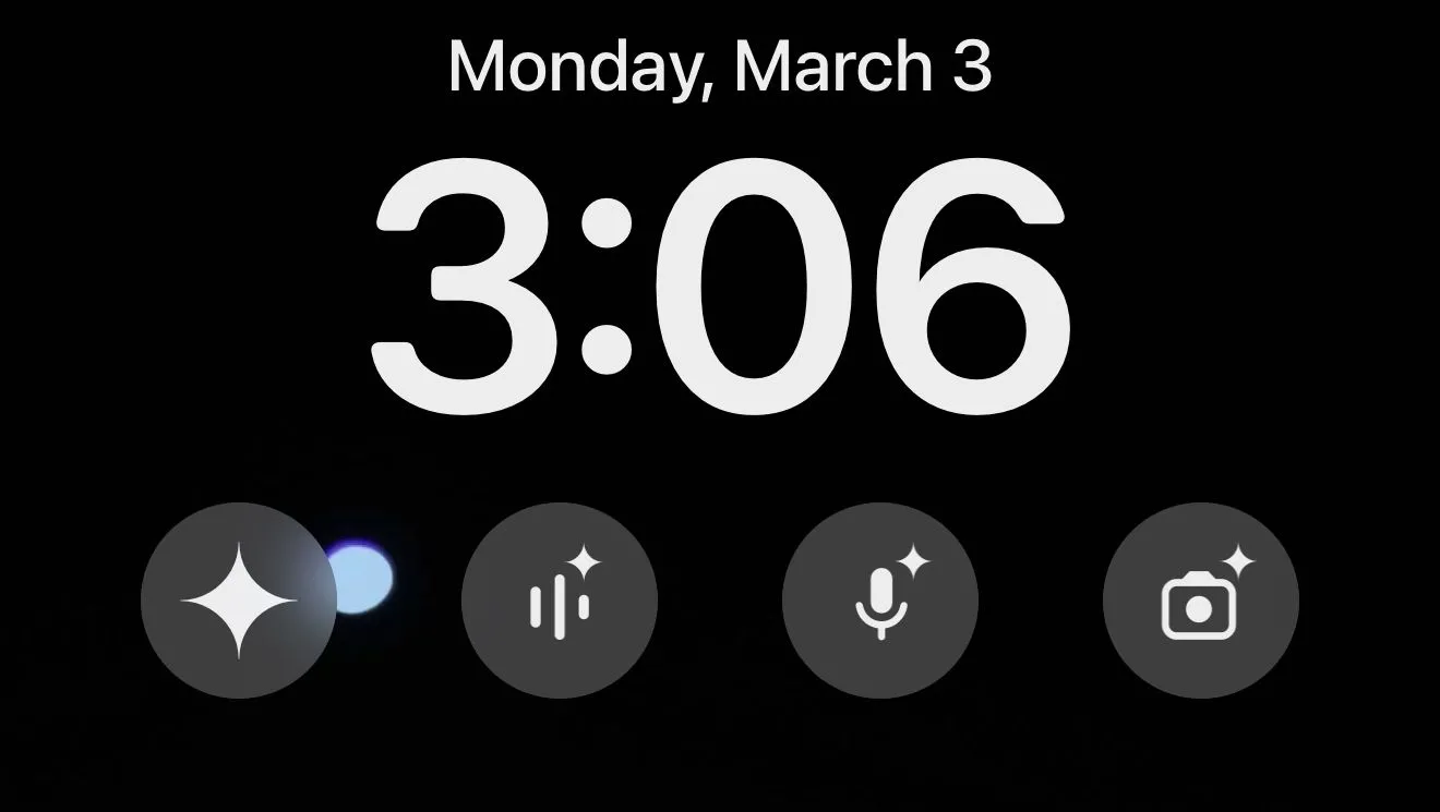 Màn hình khóa iPhone với các widget ứng dụng Google Gemini, cho phép truy cập nhanh các tính năng AI như gõ lệnh, nói chuyện, dùng mic, camera, chia sẻ ảnh và tệp.