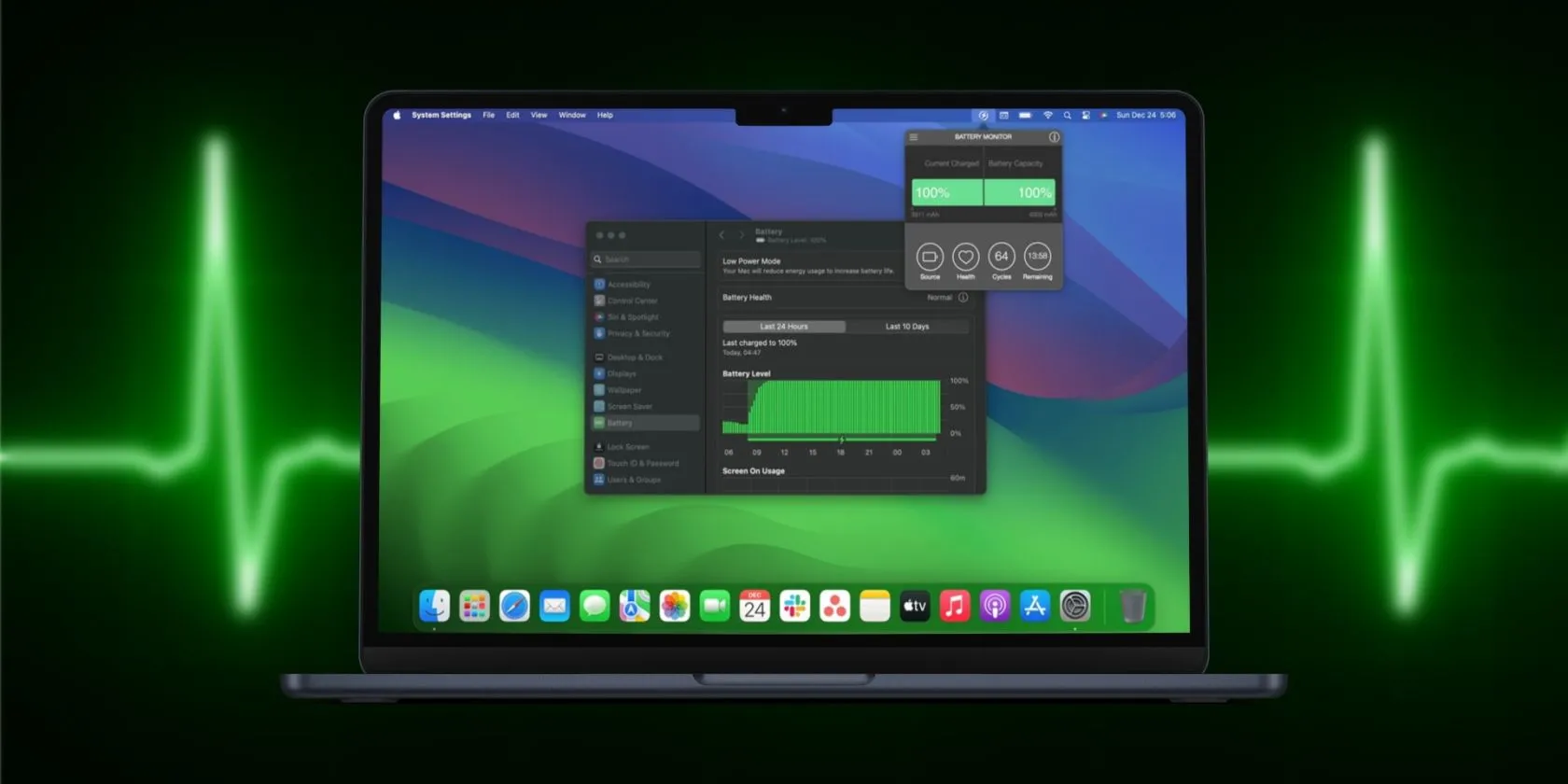 Màn hình MacBook hiển thị trạng thái pin trong Cài đặt hệ thống và thanh menu