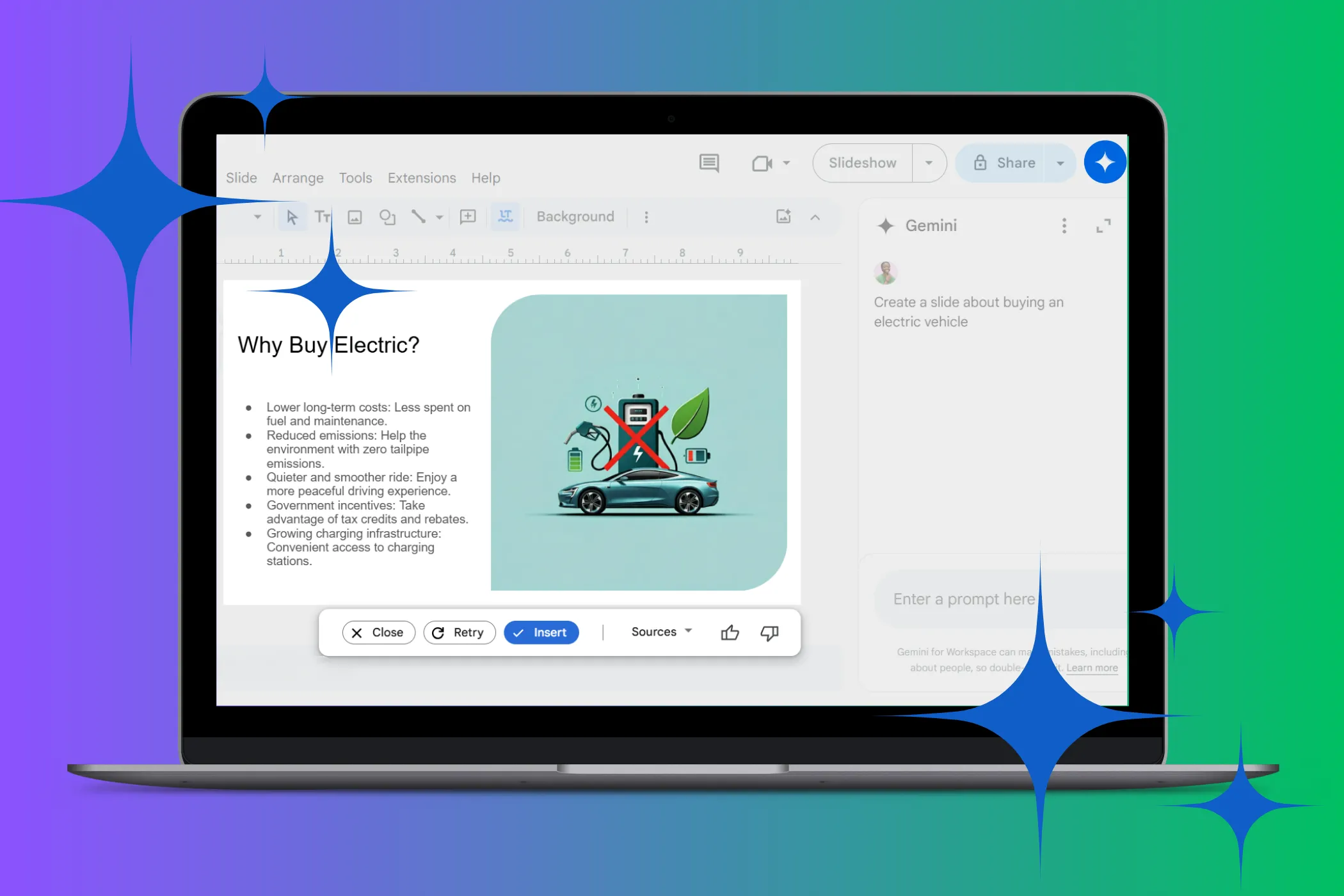 Màn hình máy tính xách tay hiển thị tích hợp AI Gemini trong Google Slides, với các hiệu ứng ngôi sao minh họa tính năng thông minh.