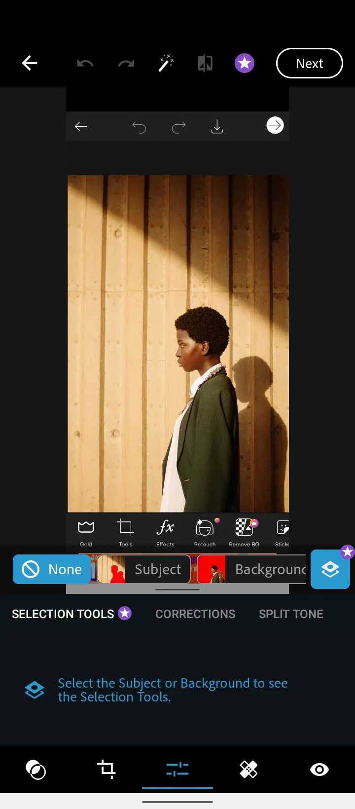 Màn hình menu chỉnh sửa của ứng dụng Adobe Photoshop Express, hiển thị các tùy chọn và công cụ chỉnh sửa ảnh.