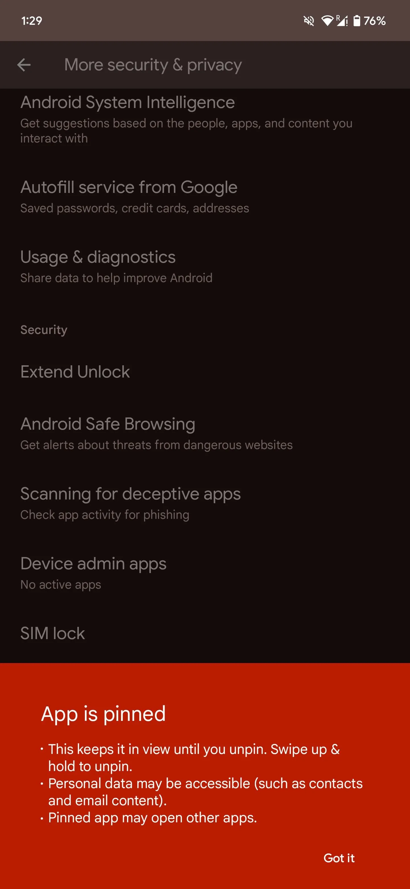 Màn hình một ứng dụng được ghim (App Pinning) để bảo mật và tập trung.