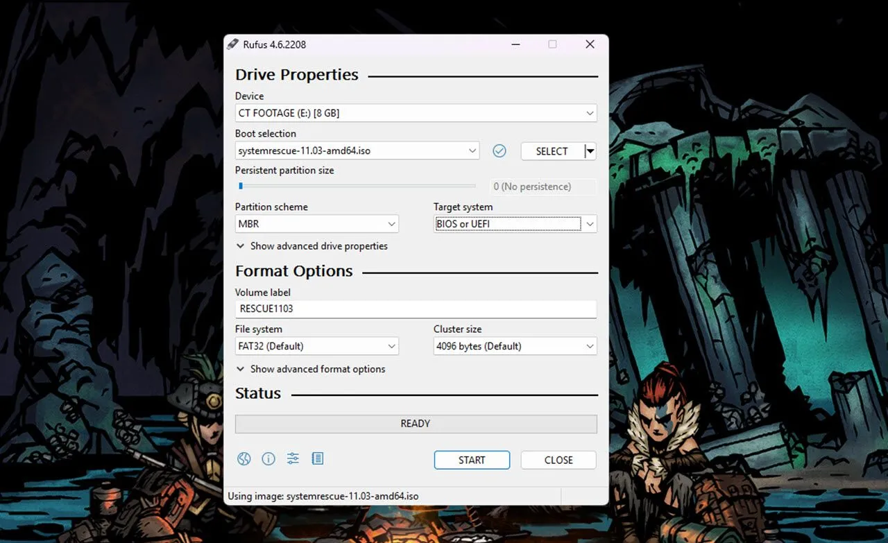 Màn hình phần mềm Rufus hiển thị các cài đặt để tạo USB boot SystemRescue