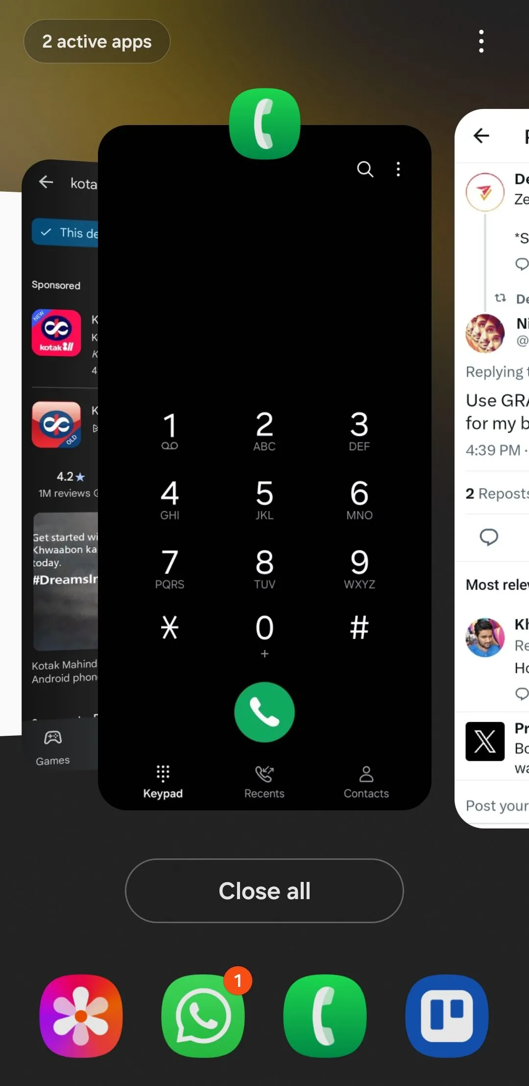 Màn hình Recent Apps (Ứng dụng gần đây) hiển thị các ứng dụng đang chạy trên Android
