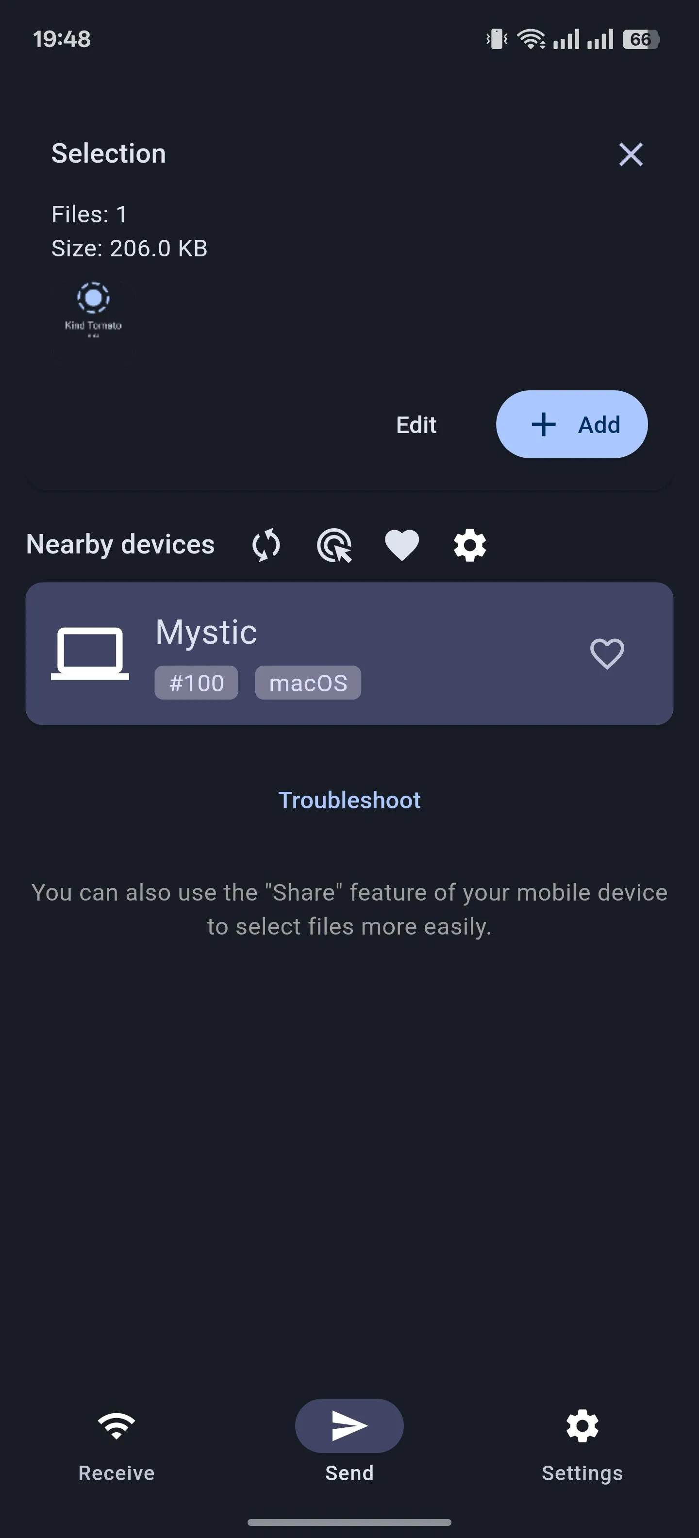 Màn hình tab Gửi của ứng dụng chia sẻ file LocalSend trên Android
