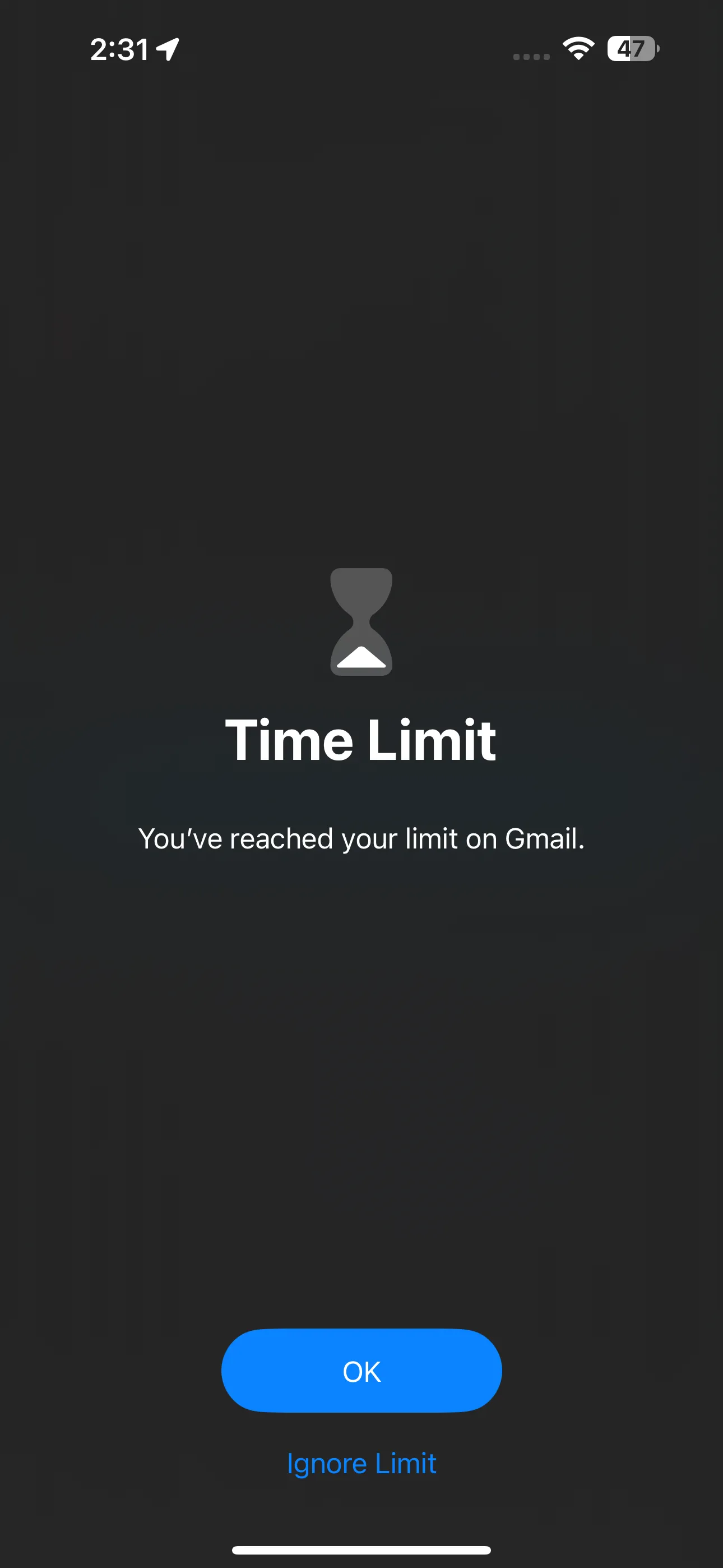 Màn hình thông báo Bạn đã đạt giới hạn trên ứng dụng Gmail của iPhone