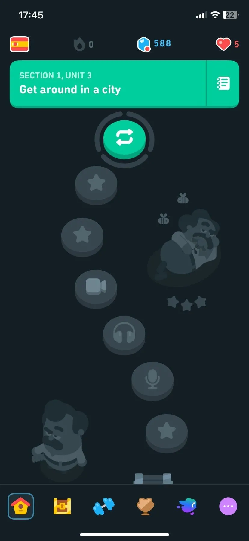 Màn hình tiến độ học tập trên ứng dụng Duolingo, hỗ trợ học ngôn ngữ cơ bản cho chuyến đi.