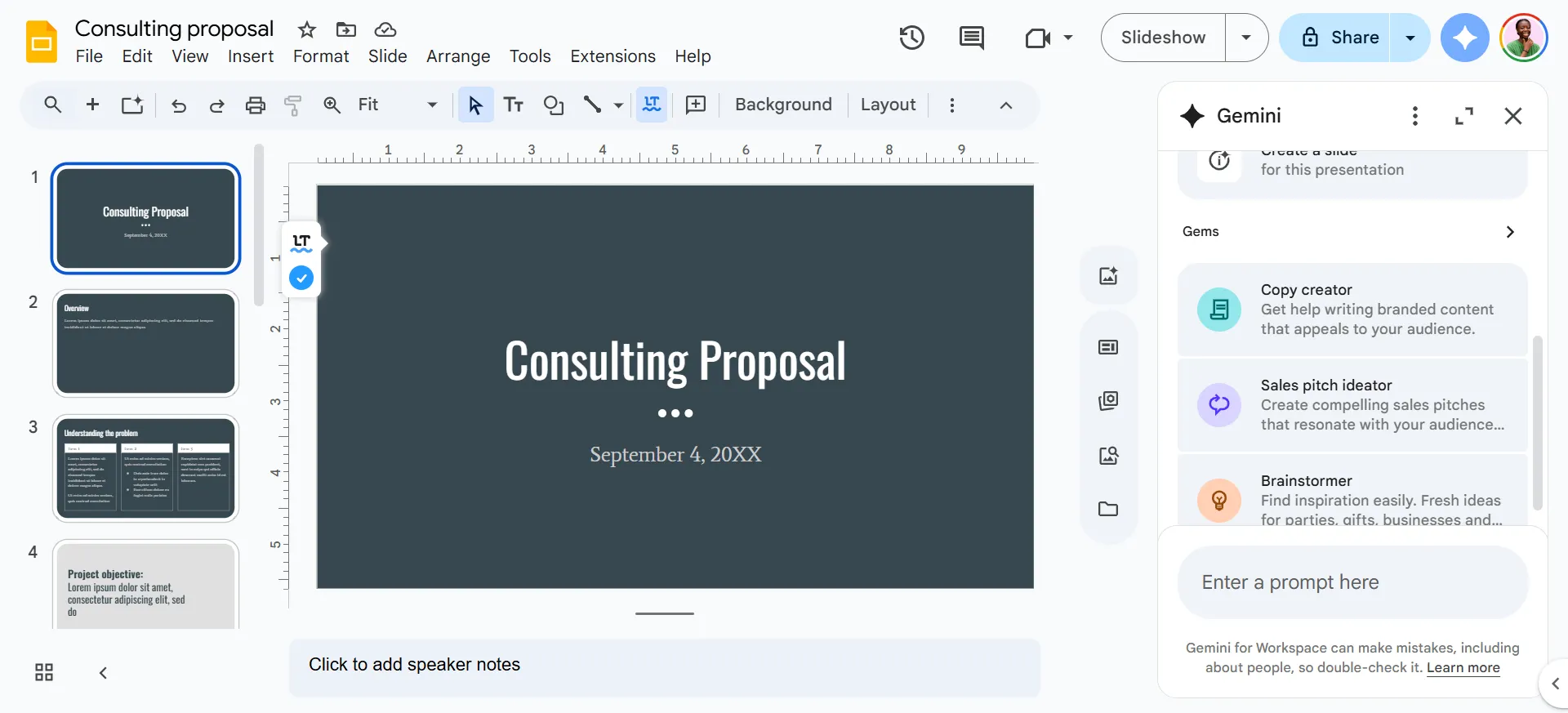 Màn hình trình duyệt web hiển thị giao diện Google Slides với trợ lý AI Gemini xuất hiện ở thanh bên phải, hỗ trợ tạo nội dung.