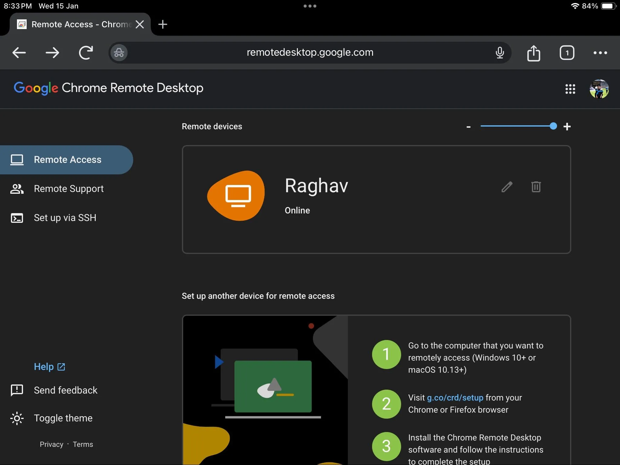 Màn hình truy cập Chrome Remote Desktop trên iPad hiển thị danh sách các máy tính có thể kết nối
