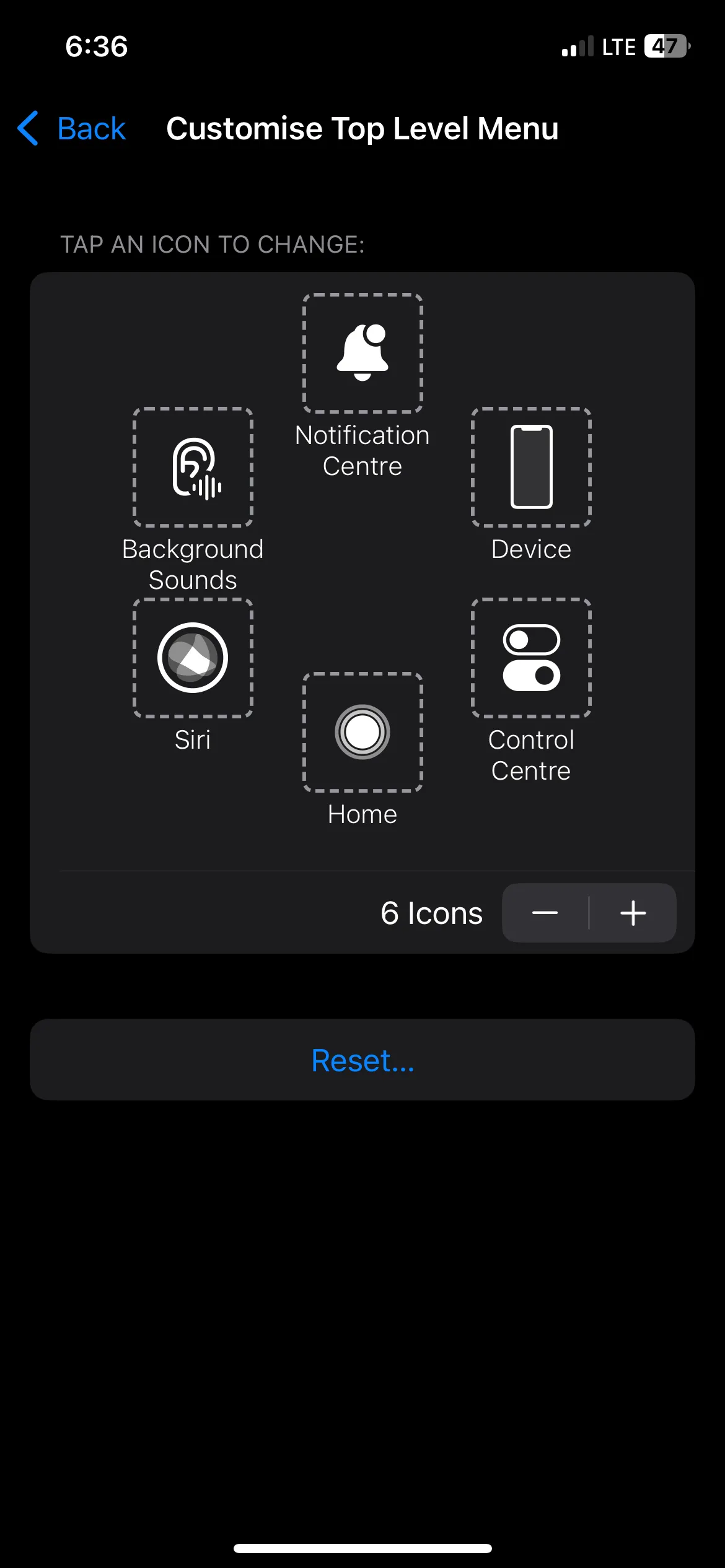 Màn hình tùy chỉnh menu AssistiveTouch trên iPhone, hiển thị các lựa chọn hành động.