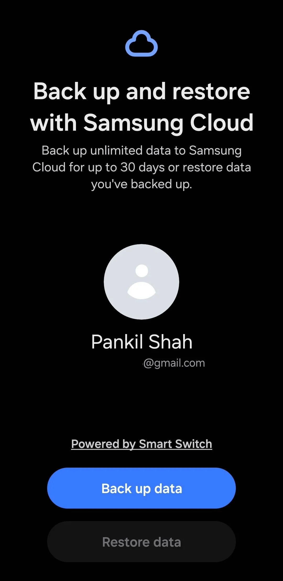 Màn hình Tùy chọn Sao lưu và Khôi phục dữ liệu với Samsung Cloud trên điện thoại Galaxy